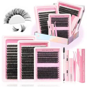 Eyelash Extension Kit with 2X Bond&Seal 10-20mm 60D+80D+100D Volume 3D Lash Clusters Kit 3 Styles 760Pcs Wispy Natural Soft DIY Individual Lash Clusters Kit Box for Beginners