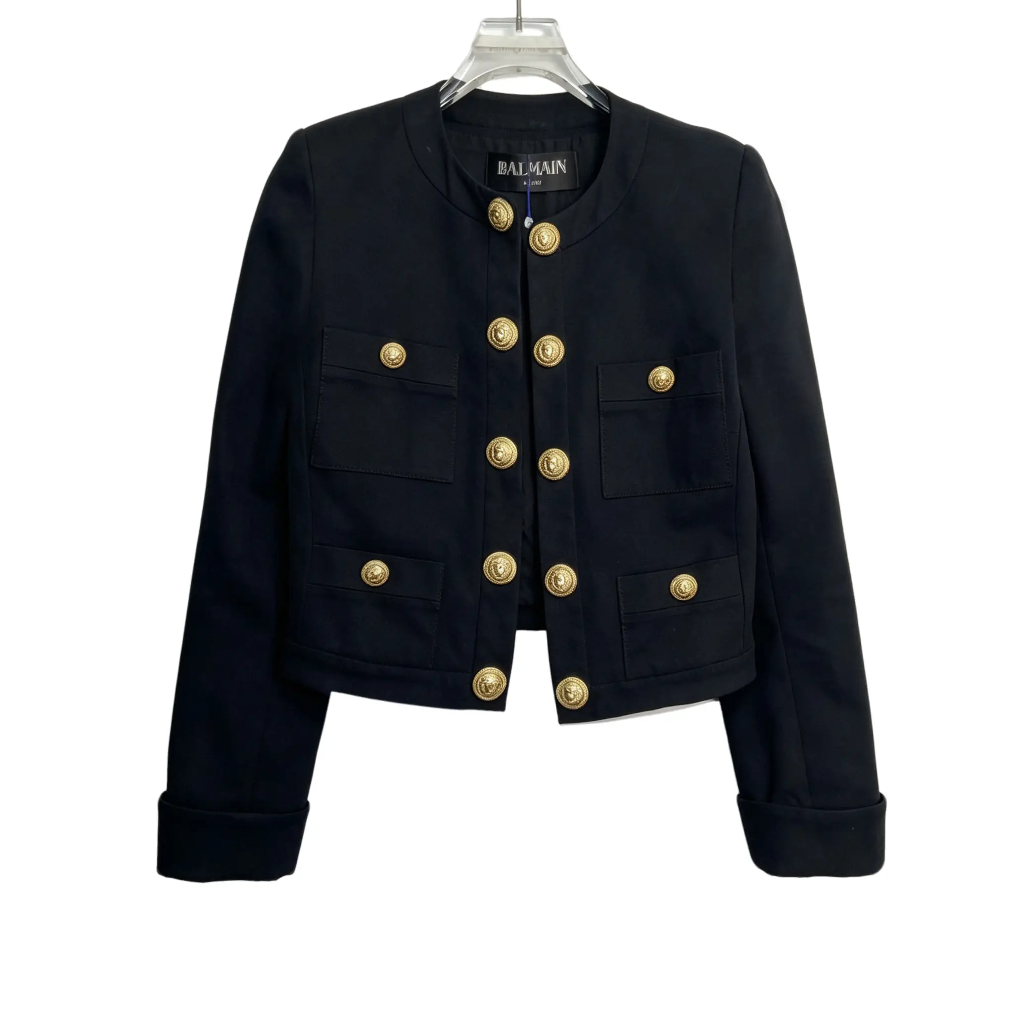 RDLT-Balmain Size 38 M Black Cotton Gold Button Cropped Spencer Jacket-J40163