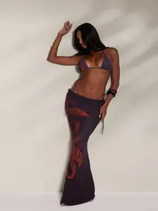 Women's 3 Piece Bikini Set with Cover Up Printed Halter Triangle Bathing Suit, Adjustable Tie High Waist Maxi Skirt, Quick Dry Anti See Through Swimwear for Cruise Vacation Festival Beach Party  Womenswear Summer Basic Minimalist dress