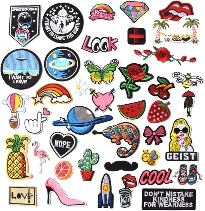 42Pcs Random Assorted Embroidered Iron on Patches, Cute Sewing Applique for Jackets, Hats, Backpacks, Jeans, DIY Accessories