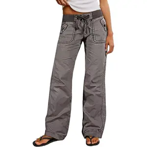 Straight Leg Pants for Women Drawstring Waist Mid Rise Casual Solid Seam Detail Pants