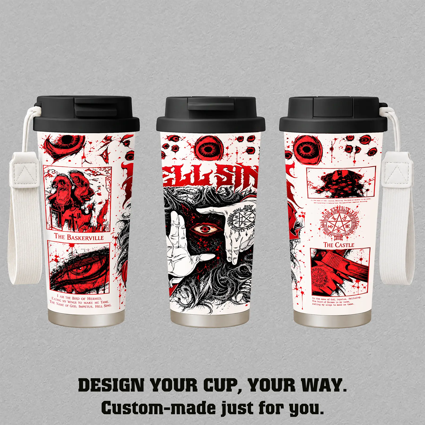 Alucard Hellsing Ultimate - Crimson Vampire Hunter, The Bird of Hermes, Baskerville, Gothic Horror Manga Embossed Raised Art - 17oz 24oz 30oz Insulated Tumbler, Stainless Steel Water Bottle, Straw Cup, Handle Travel Mug