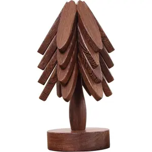 Wooden Placemats Tree Washer Set B Walnut 4 pcs with Stand for Fondue Pots Pans Bowls Teapots Warming Trays Versatile Decorations Tableware Birthday Gift