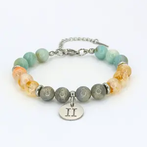 FIMENESS - GEMINI ENERGY BRACELET AMAZONITE, CITRINE AND LABRADORITE NATURAL STONE BEAD COMBINATION HAND MADE STAINLESS STEEL NON-TARNISH CRYSTAL JEWELRY