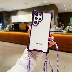 Four Corners Strap Case For Samsung Galaxy S24 S25 FE S26 Ultra S25 Plus A17 A16 A26 A36 A56 5G Crossbody Cord Lanyard Shockproof Clear Cover
