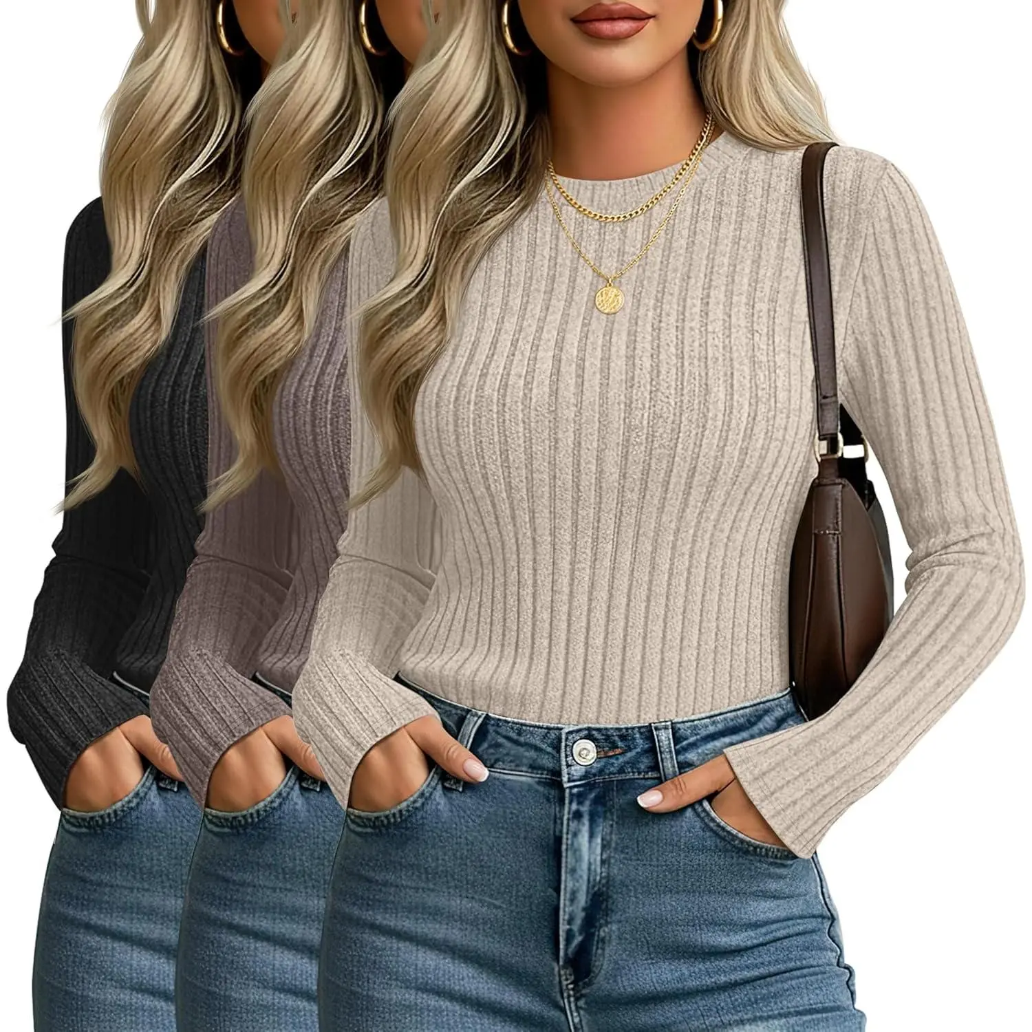 Lady's 3-Pack Basic Ribbed Knitwear, Long-Sleeves Crew Neck Slim Fit Thermal Base Layer for Fall-Winter Casual Sports & Outdoor Leisure Wear, Longsleeves, Tops, Fitted