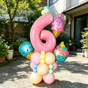 38-Piece Ice Cream Theme Number Balloons Set, Aluminum Foil Balloons, Macaron Latex Balloons, Party Decorations