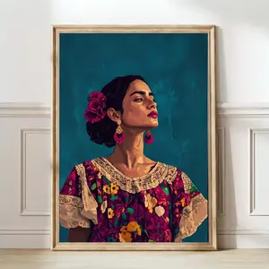 Latina Woman Portrait Blue Gallery Print – Heritage Maximalist Teal Wall Art, Mexican Modern Latina Woman Art, Room Decor, Unframed