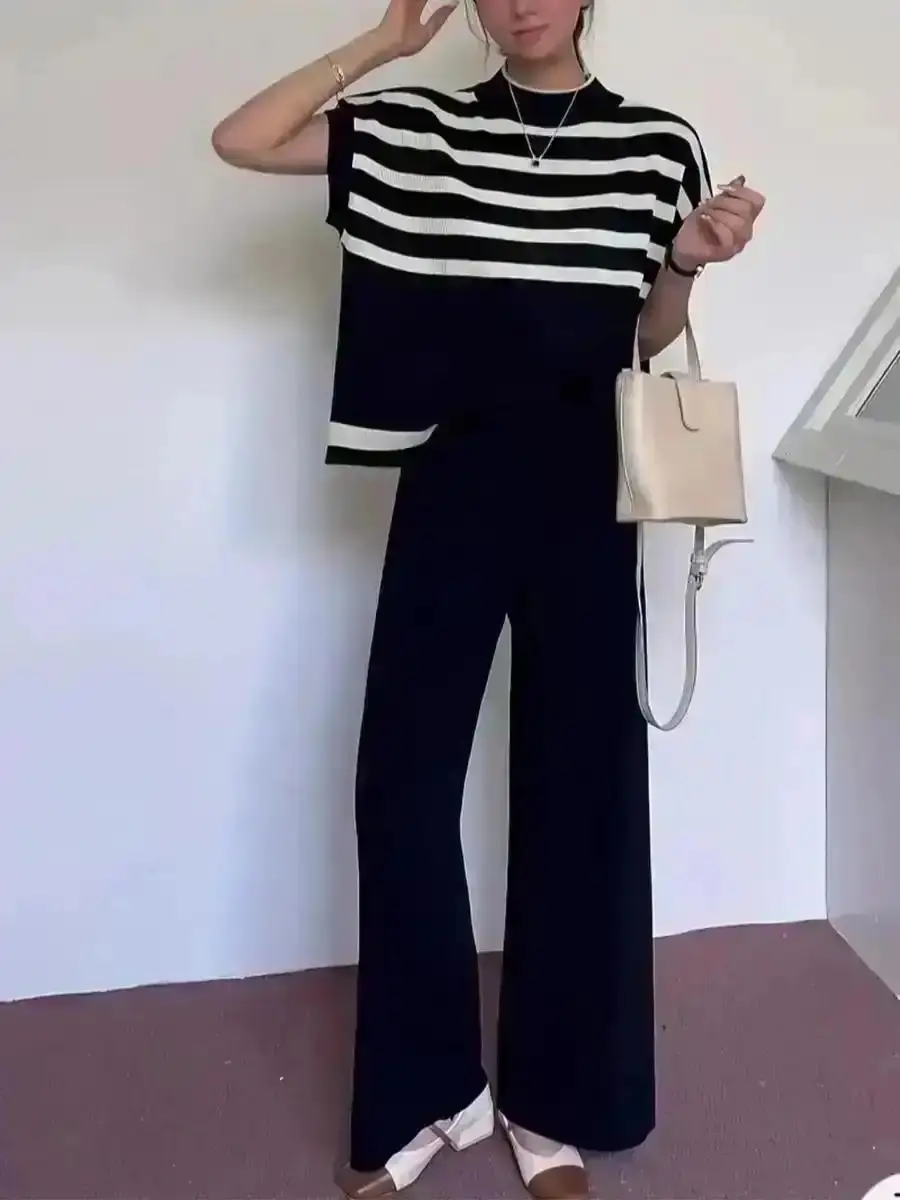 Refined Women's Striped Batwing Sleeve Knit Top & Wide Leg Pants Sweater Co-ord Set, Elegant Mock Neck and High Waist Trousers, Versatile All-Season Durable Wear Elegant Modern Classic Comfortable Stretchy Relaxed