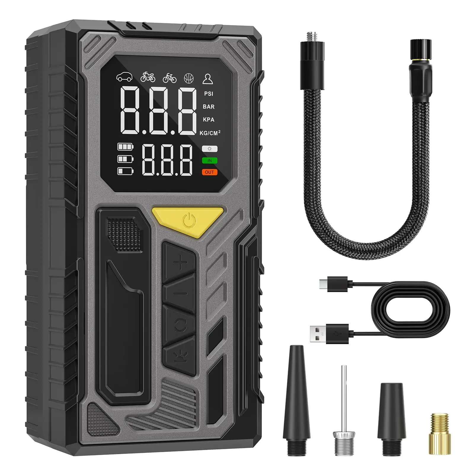 Portable Tire Inflator Air Compressor, Cordless Electric Bike Pump, 200PSI,Portable Tire Inflator with LCD Pressure Gauge and LED Light, Ideal for Cars, Bicycles, Motorcycles and Sports Balls