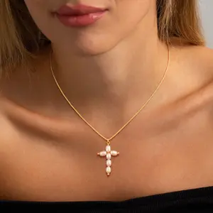 Tewiky Simple Pearl Handmade Cross Pendant Choker Necklace Dainty Simple Tiny Cross Necklace For Women Girls All-match & Exquisite Jewelry gift For Easter