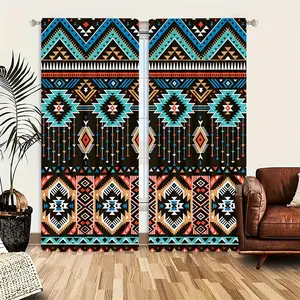 2-piece set of retro bohemian ethnic digital printed curtains, featuring a vintage tribal motif, made of slightly sheer and thin polyester fabric, suitable for year-round daily window decor in bedrooms, living rooms, dining rooms, and kitchens