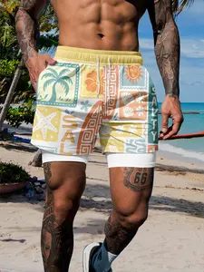 Double Layer Anti-Slip Beach Shorts, Swim Shorts, Swim Summer Beach, Vintage Salty Patchwork Quick-Dry Surfing Casual Shorts, Drawstring Waist Fitted Style Swim Bottoms