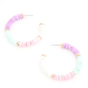 Clay Bead Open Hoop Earrings - Pink and Beige Beads with Gold Hoop and Clips