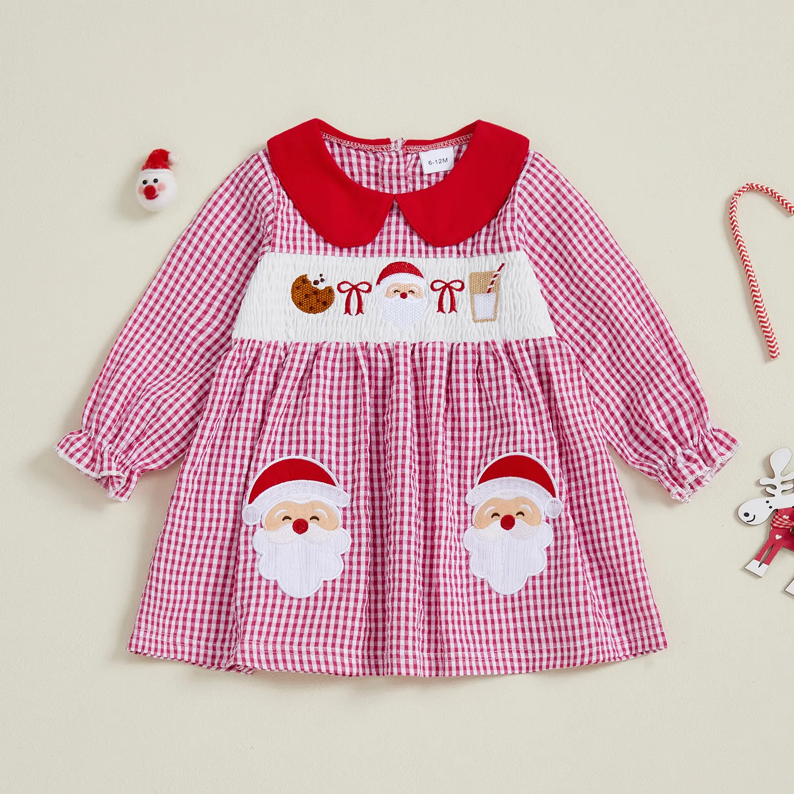 Toddler Baby Girls Plaid Dress Christmas Doll Collar Santa Embroidery Long Bubble Sleeve Dress