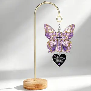 Stained Butterfly Cross Acrylic Ornament, Inspirational Artistic Suncatcher, Religious Christian Decor, Faith-Based Gift for Believers