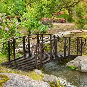 Metal Arch Backyard Garden Bridge 6' with 660 lbs Weight Capacity Safety Siderails Vine Motifs Easy Assembly for Creek Stream Pond Brown