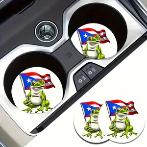 2pcs Puerto Rico Flag Frog Coasters - Puerto Rico Flag & Green Frog Design, Non-Slip Car Cup Holders, Dashboard Protectors, Car Interior Decor, Car Interior Decoration, Ideal Gift for Puerto Rican Pride
