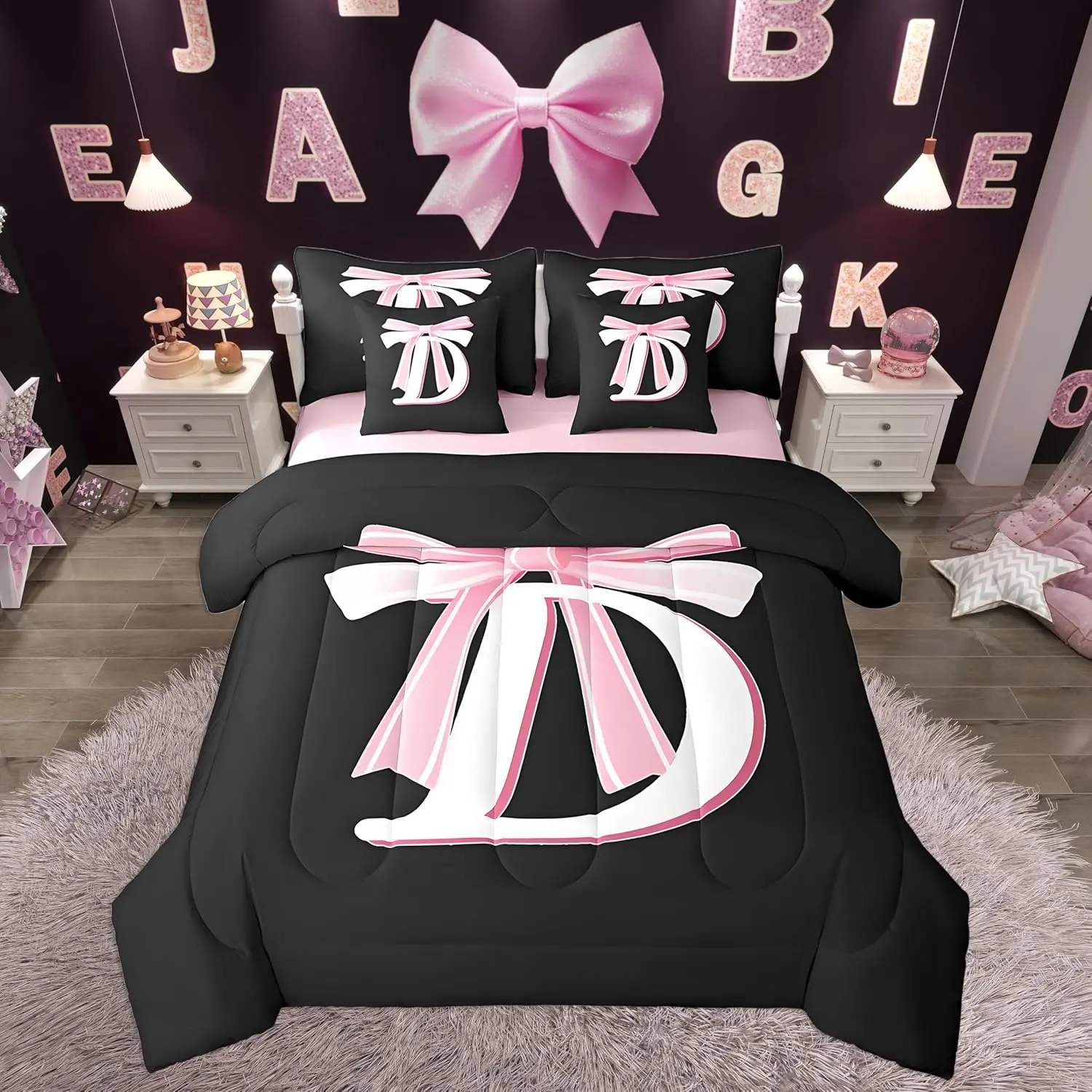Kids Black Pink Bow Comforter Set with Sheets Monogrammed 7 Piece Bedding Set Personalized Initial D Bed in a Bag with Comforter,Sheets,Pillowcases Modern Fashion Bed Set