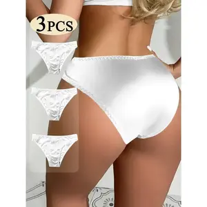 Elegant Lace-Trimmed Briefs | 3pcs |-Elastane Blend | Breathable, Soft, Comfortable | Women's Underwear White Womenswear Panties Basic Minimalist Lingerie Style