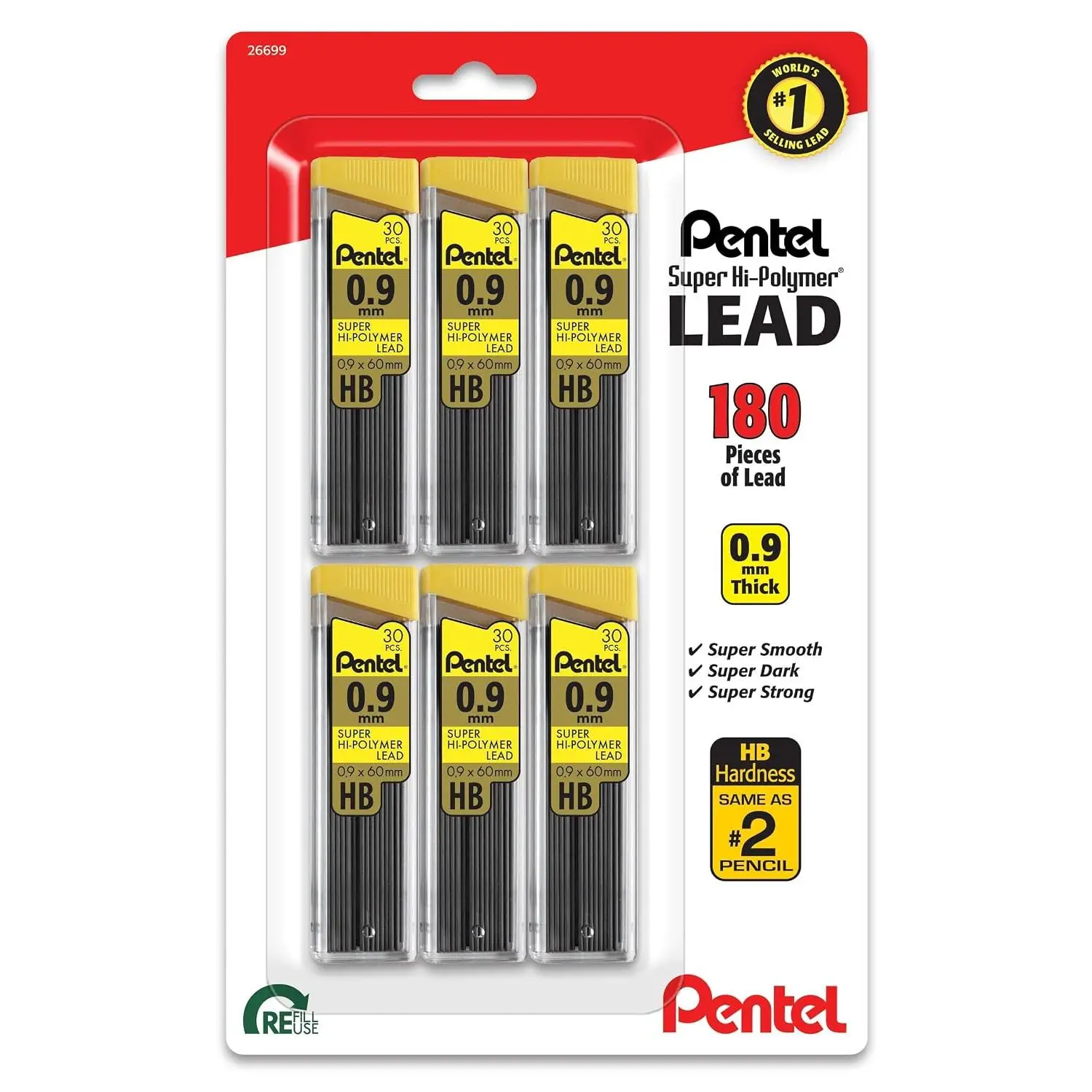 Pentel Super Hi-Polymer Lead Refill 0.9 HB BP 6 Pack (C29BPHB6)