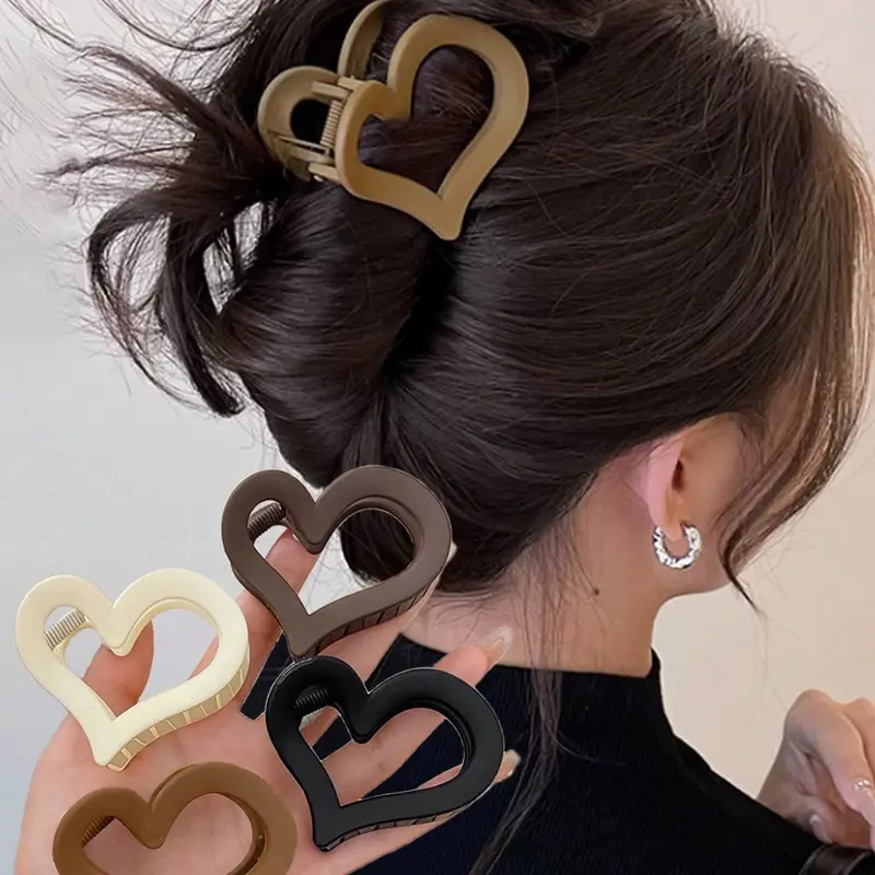 4 Elegant 7cm Frosted Hair Claws, Heart Design for Low Volume Hair, Adult Back Half-Up Shark Clips, Stylish Fashion Hair Accessories, Hair Styling Accessories