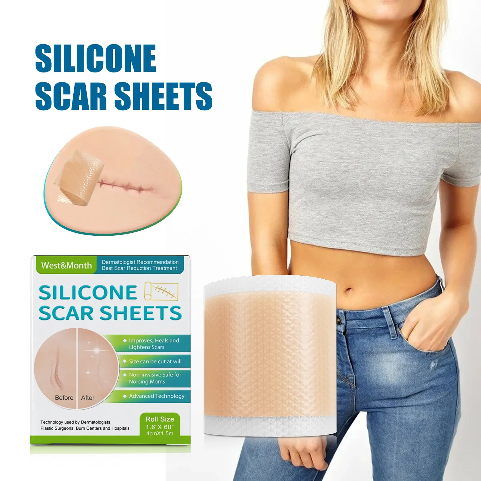 Silicone Scar Removal Patch – Self-Adhesive & Reusable Strips for Stretch Marks, Cellulite, and Skin Smoothing – Repair & Fade Scars for Clear, Even Skin