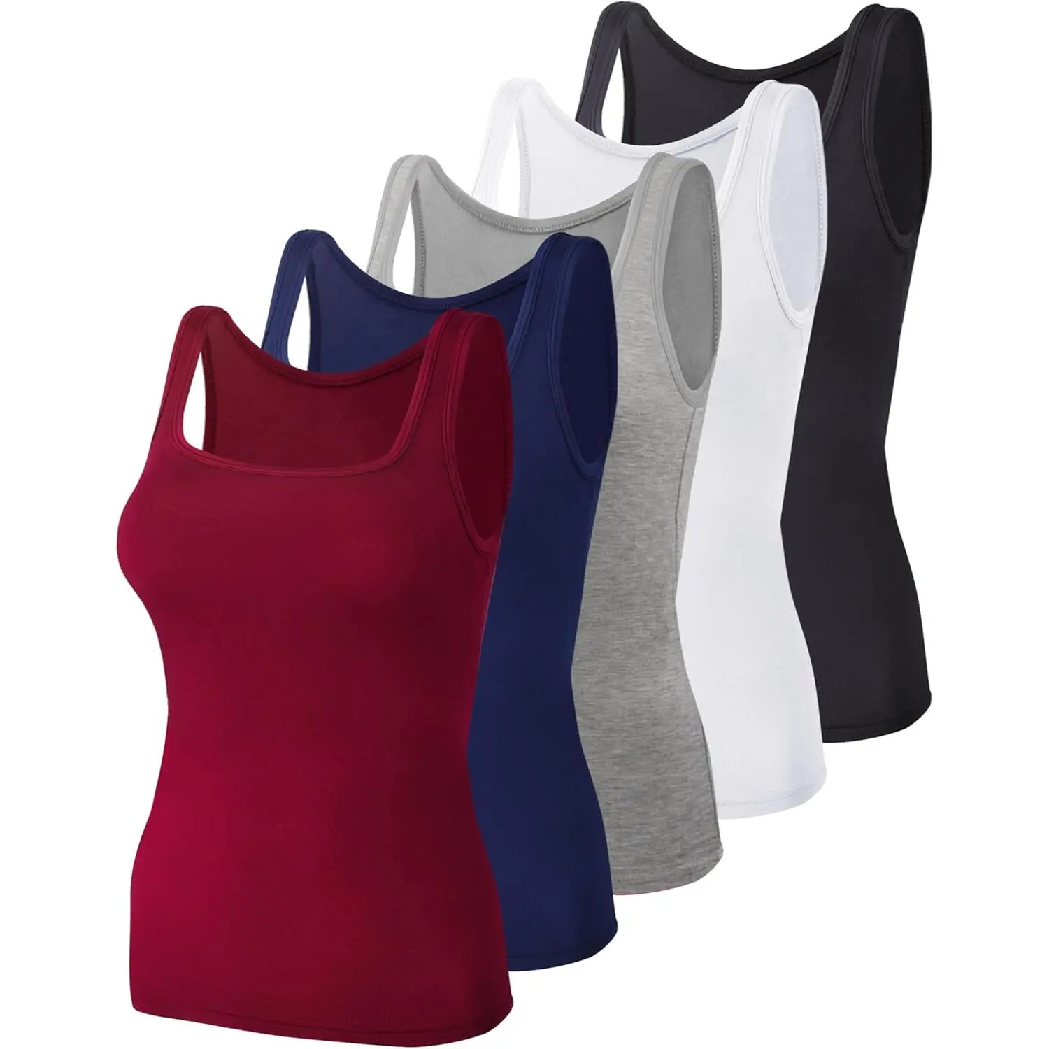 Women's 5-Piece Basic Solid Square Neck Viscose Tank Tops, High Elasticity Breathable Non-Padded Pull-On Camisoles for Layering & Workout, Large