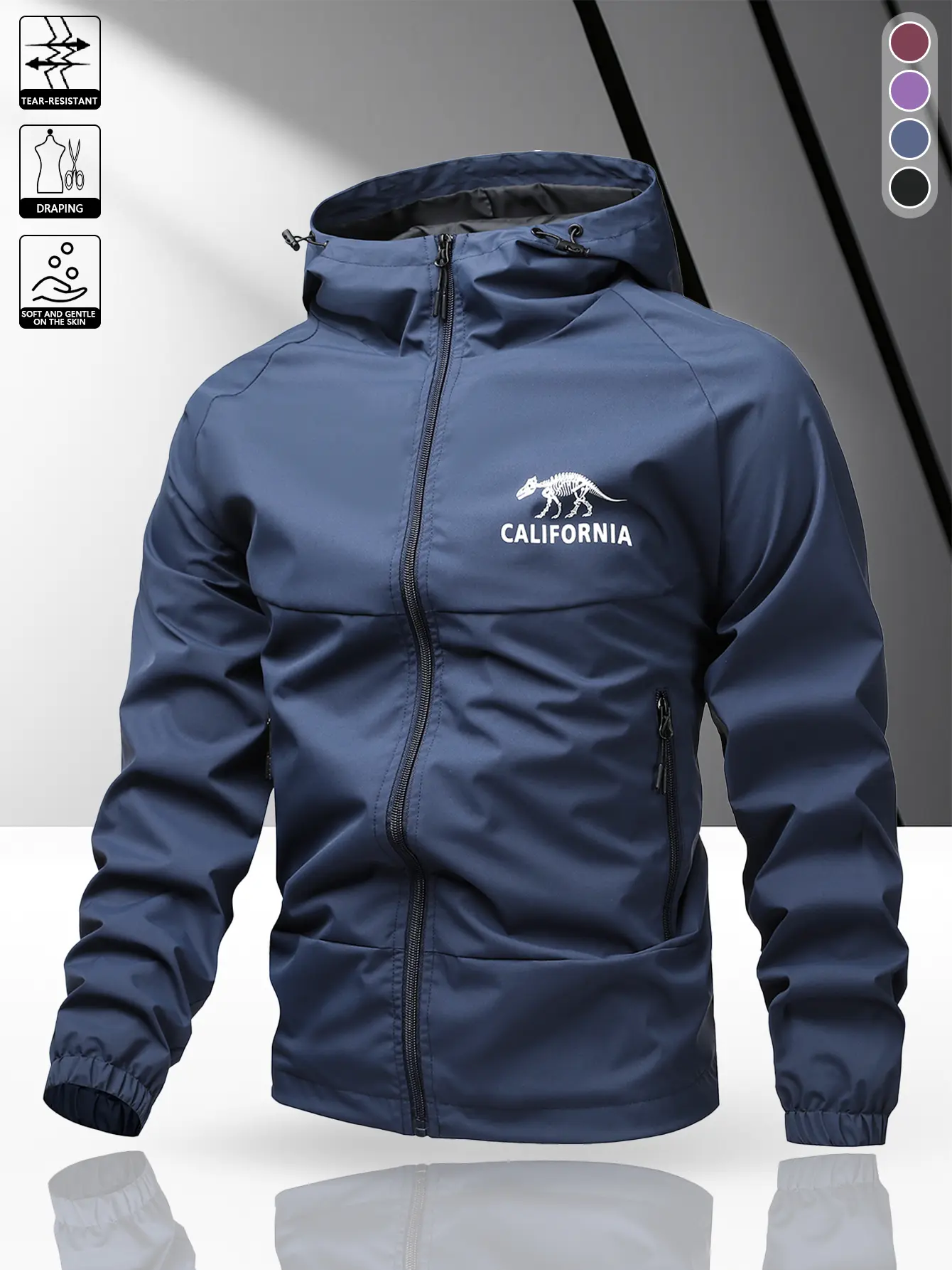 Men’s California-style dinosaur skeleton graphic hooded jacket | Versatile everyday trendy outerwear, American retro minimalist hooded sports jacket