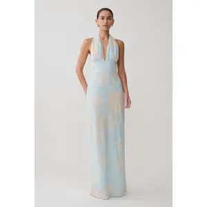 Nadine Halter Scarf Chiffon Maxi Dress - Blue Floral Print