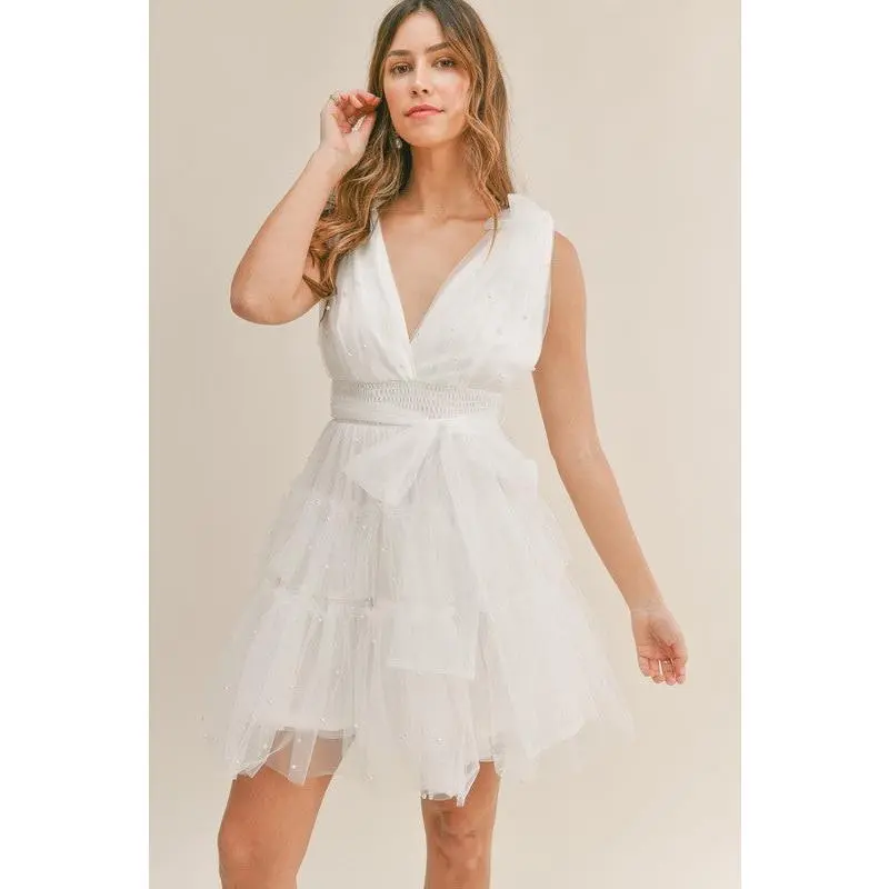 Candice Pearl Tulle Mini Dress - White (also available in pink)