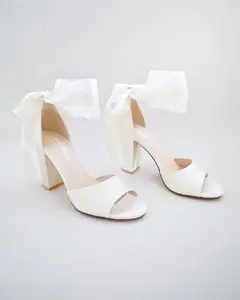 Ivory Satin Block Heel Wedding Sandals with Wrapped Ribbon Tie - Women Wedding Shoes, Bridal Shoes, Wedding Heels