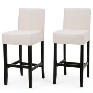 Armless Counter Stools, Set of 2, Cream Polyester Upholstery with Foam Padding, Black Legs & Fixed Backrest, Modern Kitchen & Dining Room Furniture