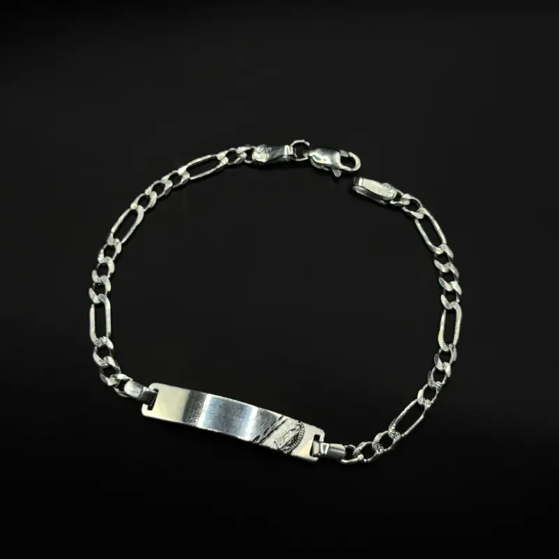 925 Silver Figaro  ID Bracelet with Virgin Mary 7” Long