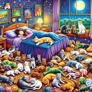 A Family of Cats Sleeping, Diamond Painting Kit, Round Acrylic Diamonds, Unframed Diamond Art, 5D Diamond Embroidery Crafts, Animals, Suitable for Beginners' Home Bedroom Kitchen Decor, a Wonderful Holiday Gift for Family, Friends, And Teachers