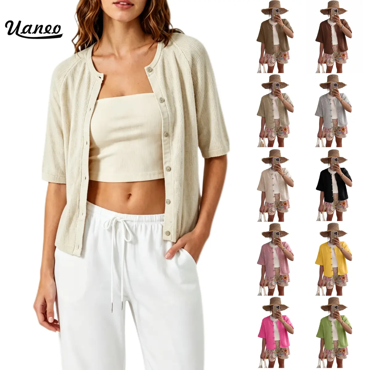 UANEO Women's Short Sleeve Cardigan Knit Sweater Top with Crew Neck Button Down Soft Knitting Fabric and Lightweight Breathable Shrug Design for Casual Work Office Cover Up Versatile Spring Summer Outfits Layering Everyday Basics Vacation Knitwear