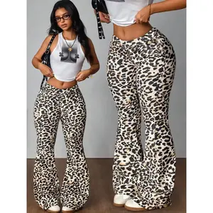 Women's Leopard Print Flare Leg Sweatpants, Casual Comfy Bell Bottom Trousers for Daily Wear, Ladies Bottoms for Spring & Fall, Casual Chic Bottoms