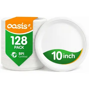 10 Inch 128 Pack Compostable Disposable Paper, Large Round Dinner, Duty Sugarcane Bagasse, Biodegradable Eco-Friendly for Parties & Daily Use, White