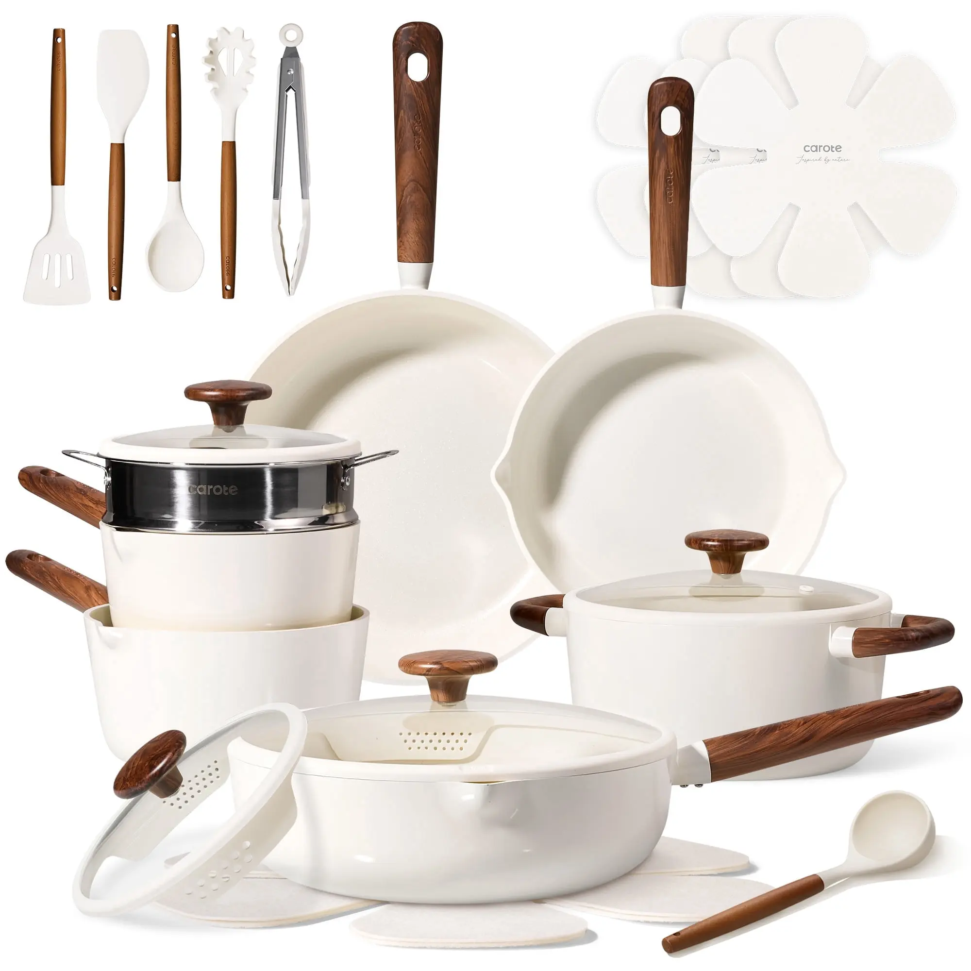 Carote White Cookware Set For Food Steaming 22-Piece Ceramic Nonstick Pots And Pans Set Induction Stovetop Utensil