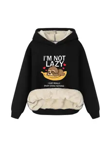 Women's Letter & Sloth Print Plush Hoodie, Casual Long Sleeve Thermal Lined Hooded Sweatshirt for Fall & Winter, Women Clothes for Daily Wear, Graphic Hoodies, Cute Animal Sweatshirt, Funny Sweatshirt