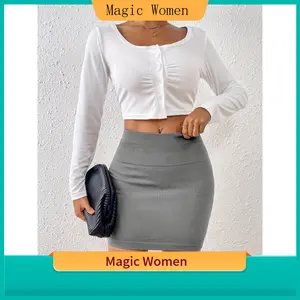 Women's Ribbed Seamless Abdominal Tuck Skinny Skirt - Solid Knit Casual Fabric, Soft Comfortable Hip-Hugging Bottoms for Daily Wear, Pack of 1
