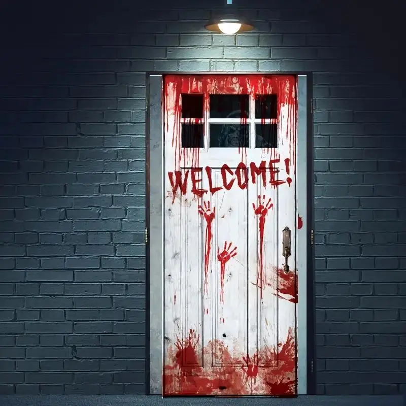 Halloween Door Decorative Decal, Spooky Design, 71.65x28.35 Inch, Blood Handprint & Pumpkins, Durable Plastic Material, Perfect for Party Decoration, Adhesive Decals
