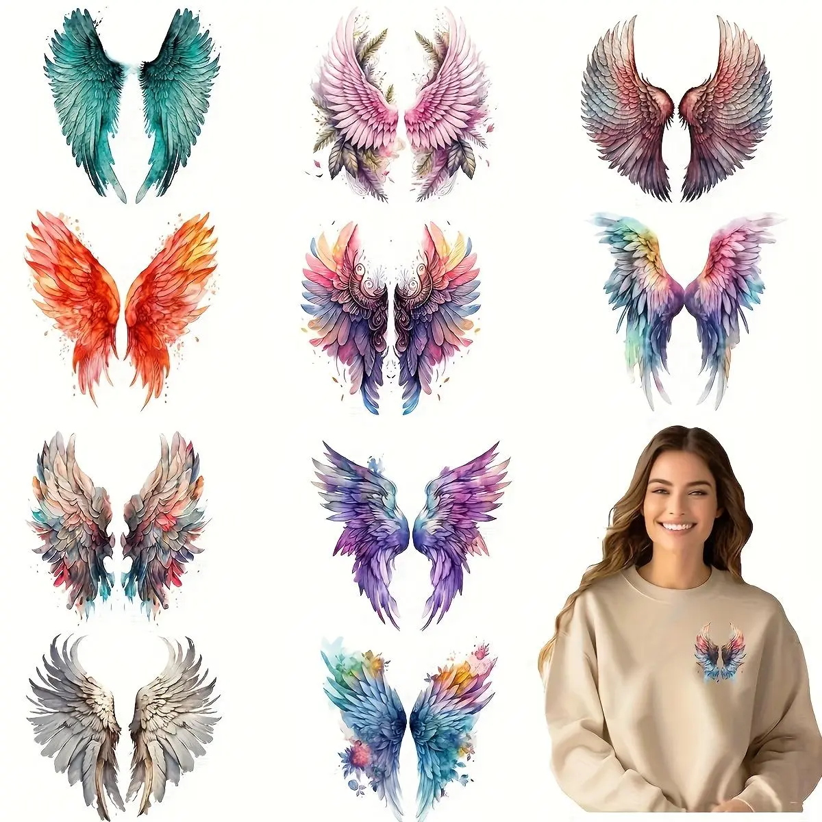 Angel Wing Pattern DIY Iron on DTF Transfer Sticker, Multicolor Plastic Washable Heat Transfer Designs, Ready Press Decals for DIY Clothing T-shirt Mask Jeans Backpack