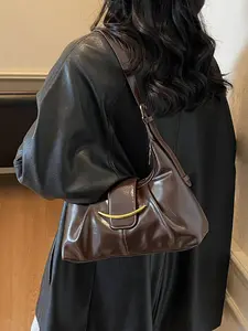 Fashionable Modern Style Women's Hand Shoulder Bag with Hardware Buckle, High-Gloss PU Material in Coffee Color, Adjustable Strap for Everyday Use