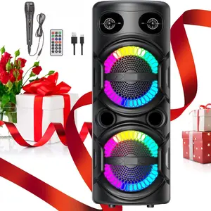 Bluetooth Speaker,  Wireless Portable Home Party Speakers with Double 8'' Subwoofer Deep Bass, Microphone, FM Radio, Lights, Remote,  Loud Stereo Sound Boombox for Outdoor Camping Gifts