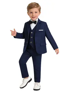 【LUOBOKIDS】 Boys Formal Fitted Suit Set, Vest, 4-Piece Wedding Birthday Communion Graduation Performance Essential, Plain Regular Length Blazer（No shirts included） Solid Color Suits
