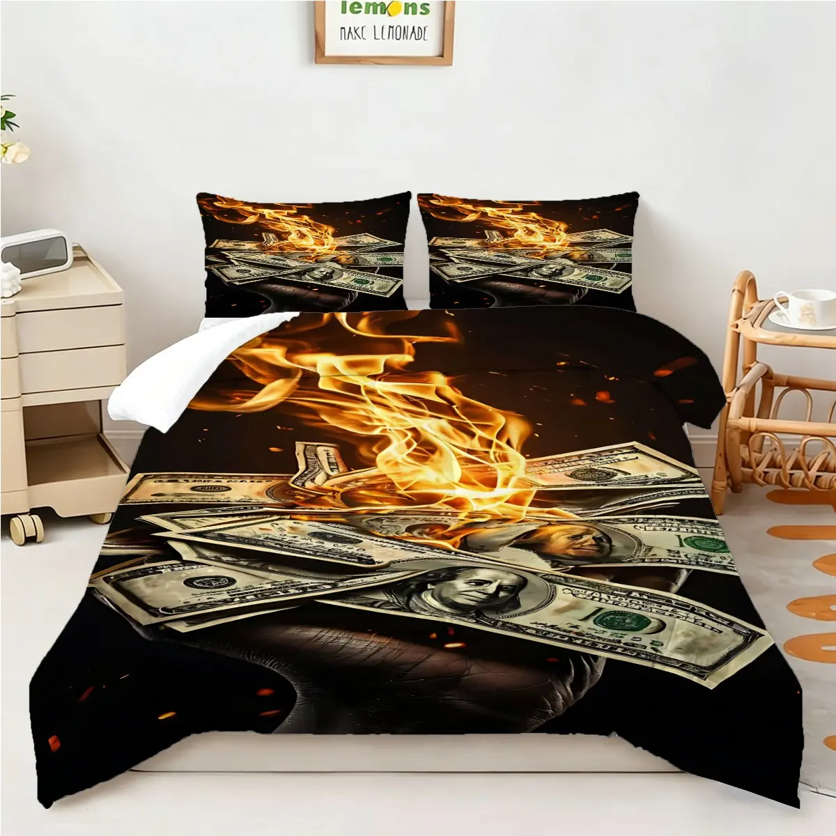 Black Fire Dollar Comforter Set, 2/3 Pcs Comforter & Pillowcases, No Pillow Core, All‑Weather Comfortable Bedding, Breathable & Gentle on Skin, Ideal for Guest Bedroom, Boys Room, Game Room, Holiday Gift, Trendy Hip‑Hop Room Styling