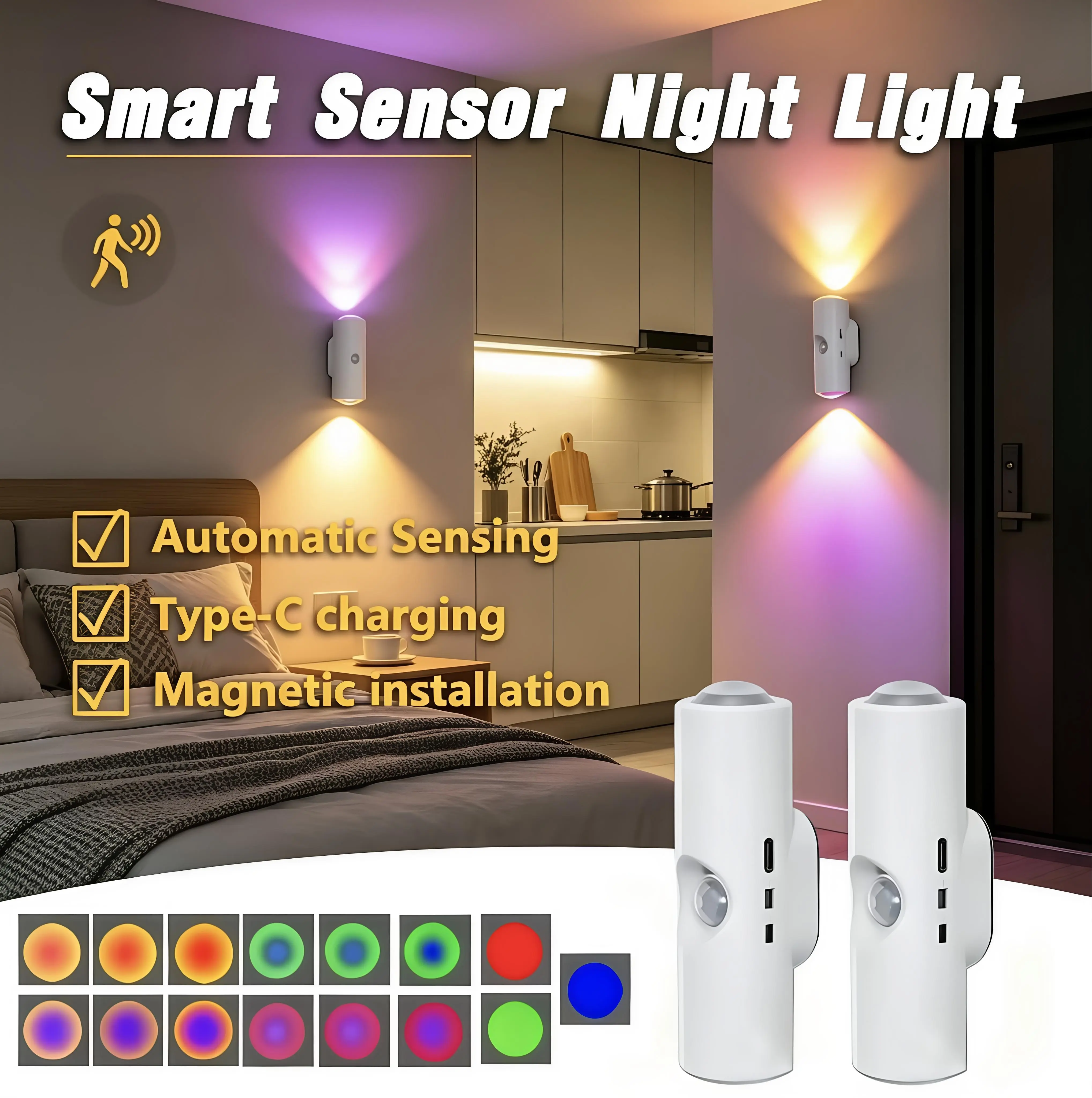 Smart LED Motion Sensor Wall Sconces - Wireless Magnetic Human Body Sensing Ambient Lights for Stairs, Bathroom Cabinets, No Drilling Installation, 7-Color RGB Indoor Decorative Lights
