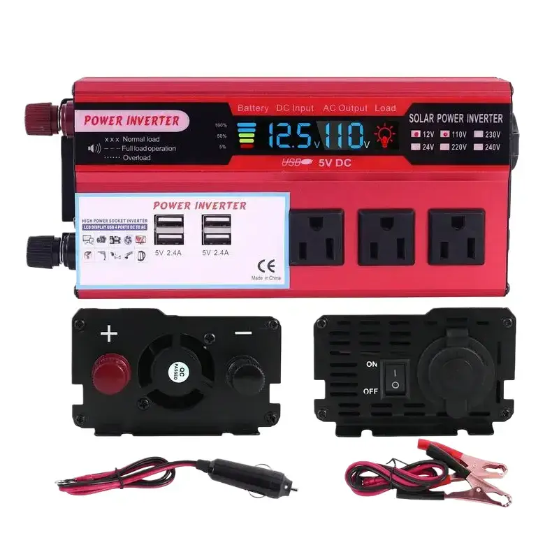 1x 1000W Cordless Portable Power Inverter - DC 12V to AC 120V Car Power Supply, 5V 4A Versatile Charging Options for Road Trips, LCD Display, 3 AC Outlets, 4 USB Ports, Safety Feature, 1x Battery Clamps