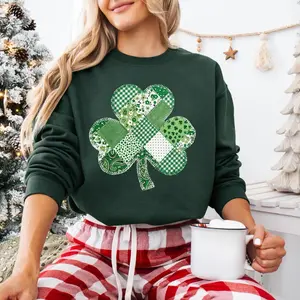 Patchwork Shamrock Sweatshirt, Cozy Saint Patricks Day Crewneck, Lucky Sweater, Clovers, Simple Holiday Sweater - TARAH